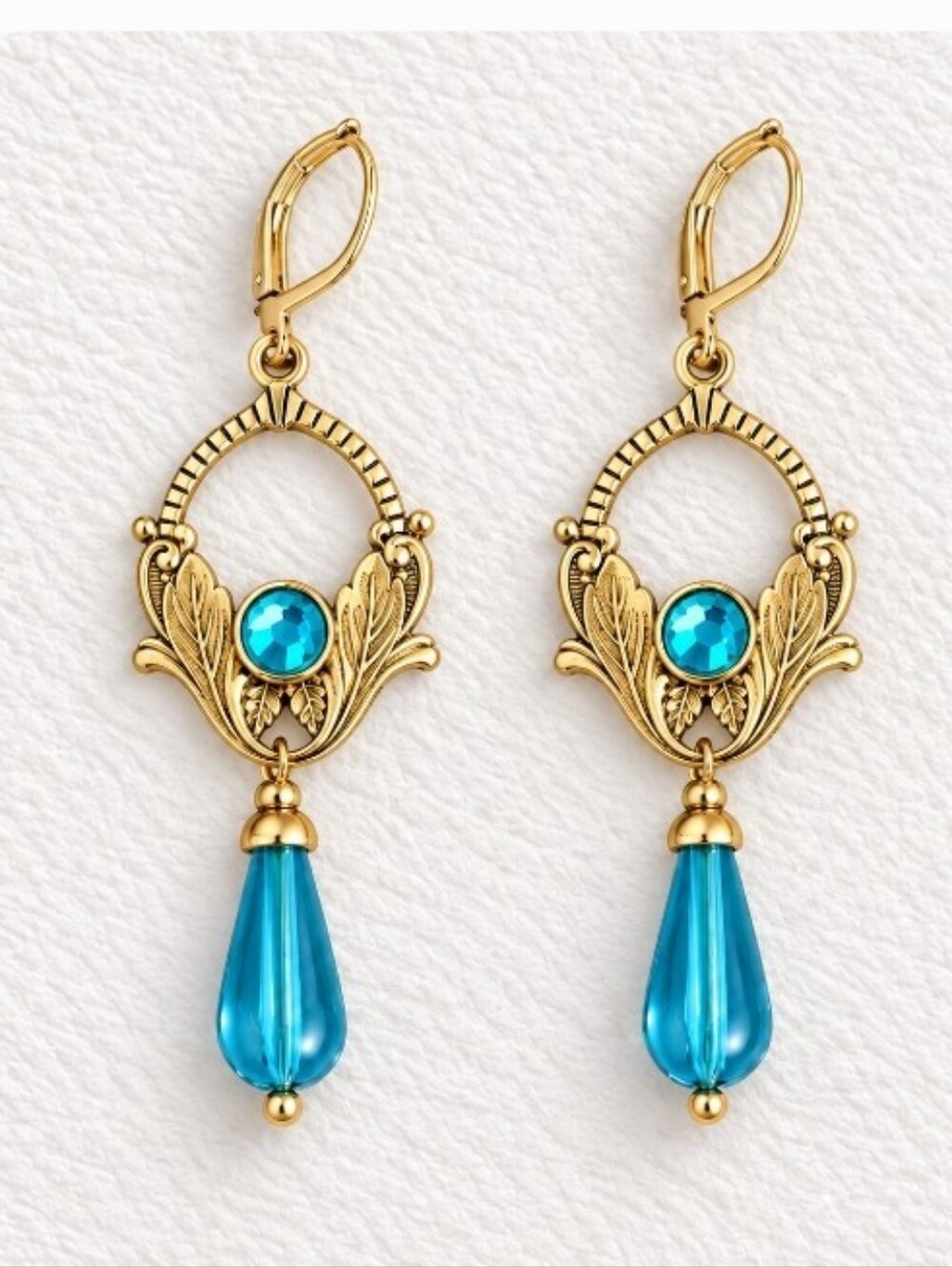 Art Nouveau Gold Earrings with Aqua Marine Blue Crystals